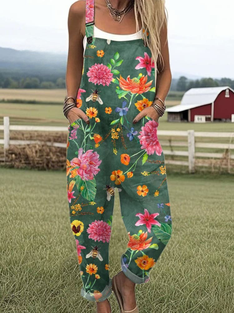 Women's Jumpsuit - Vintage Floral Design, Wide Leg Pants for Comfort and Style