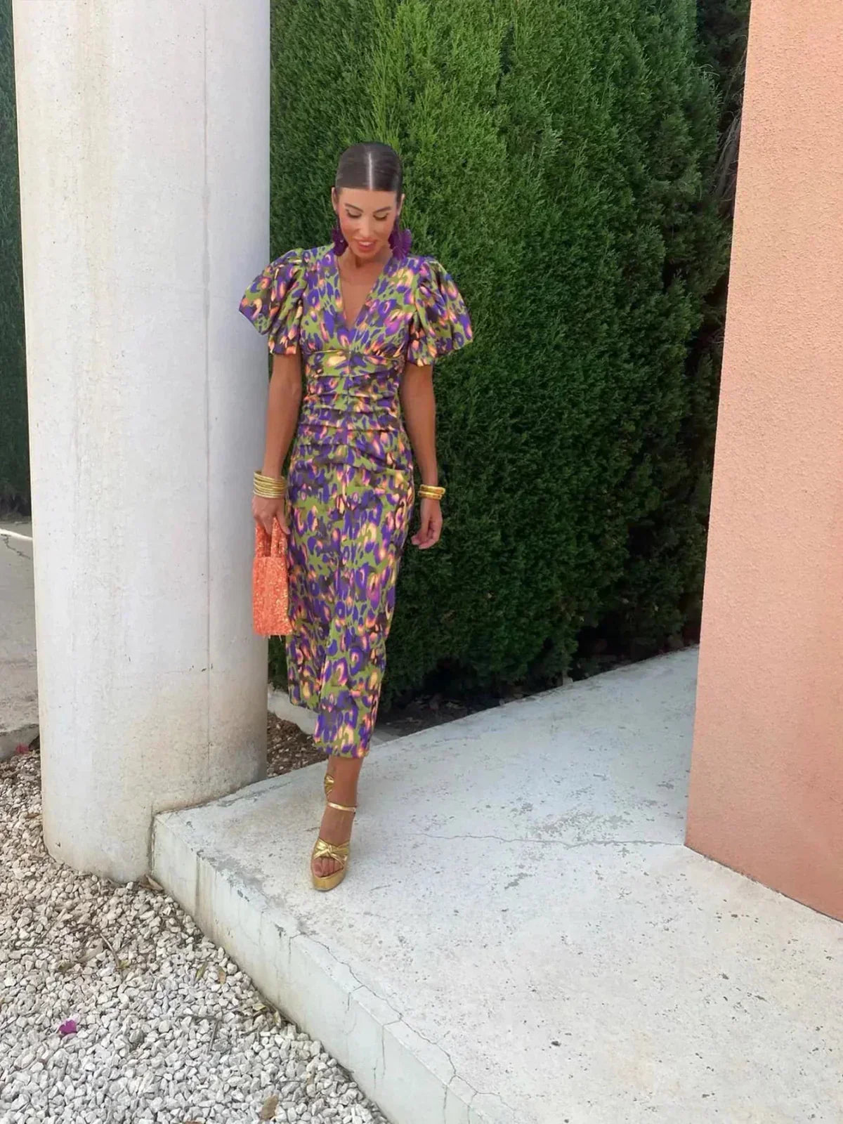 Arielle™ | Colorful Midi Dress with Pleated Sleeves