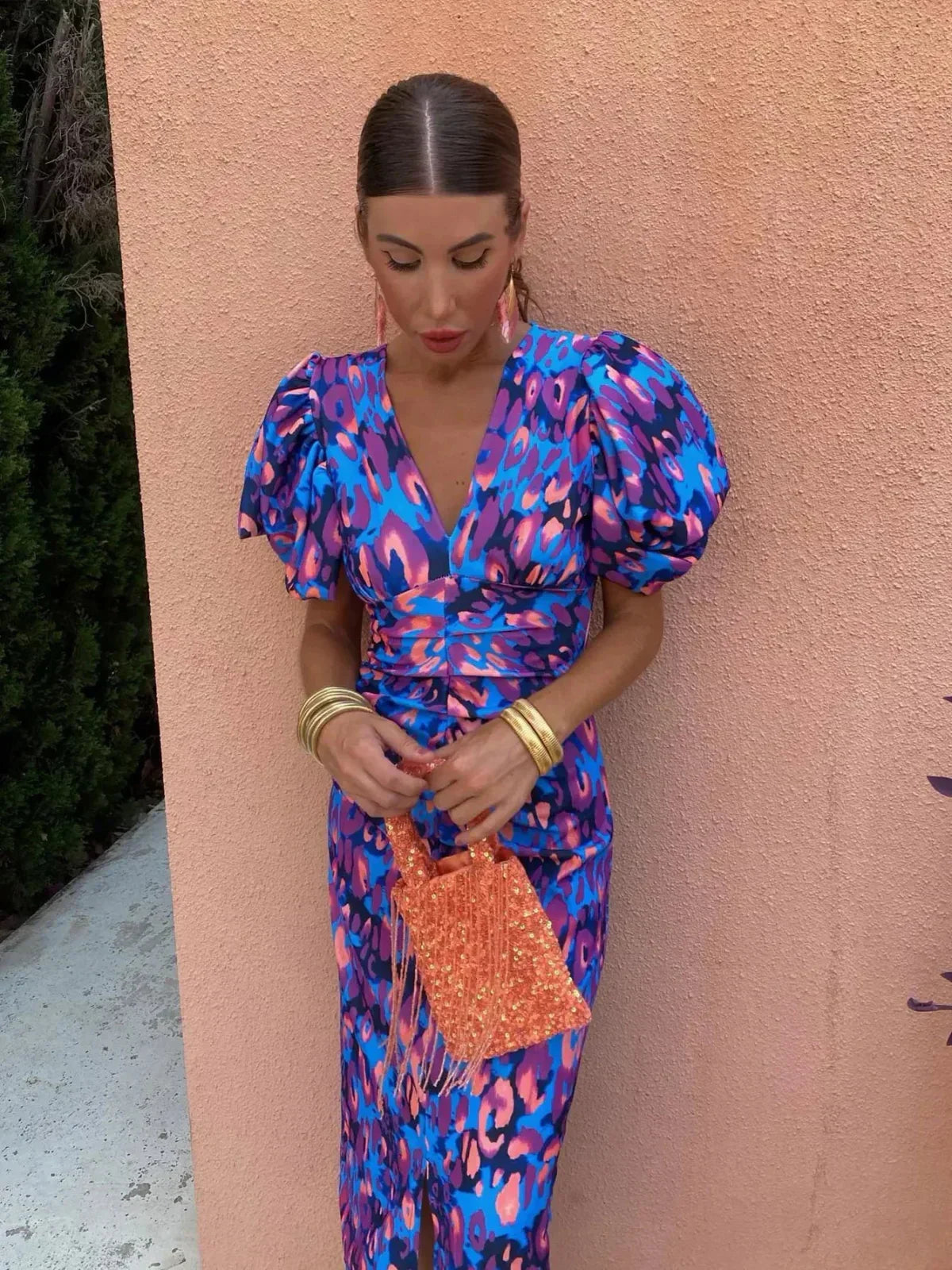 Arielle™ | Colorful Midi Dress with Pleated Sleeves