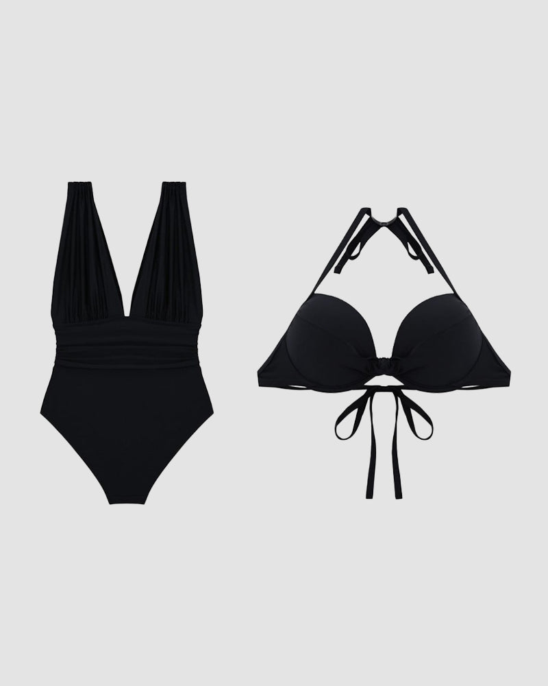 Luxury Shaping Swimsuit with Deep V-Neck and Neck Tie