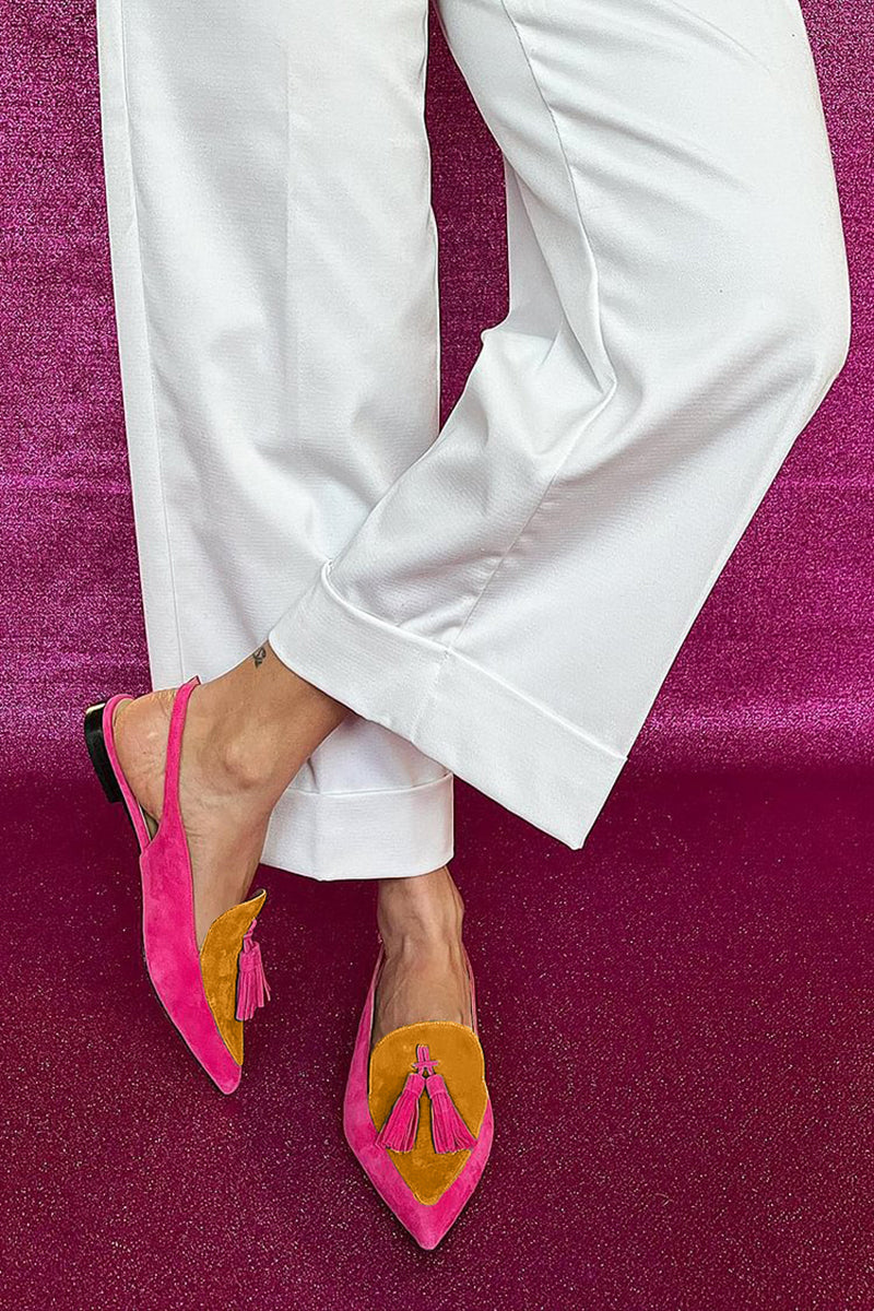 Rosaa™ | Colorful ballerina flats with fringes and decorative ankle strap