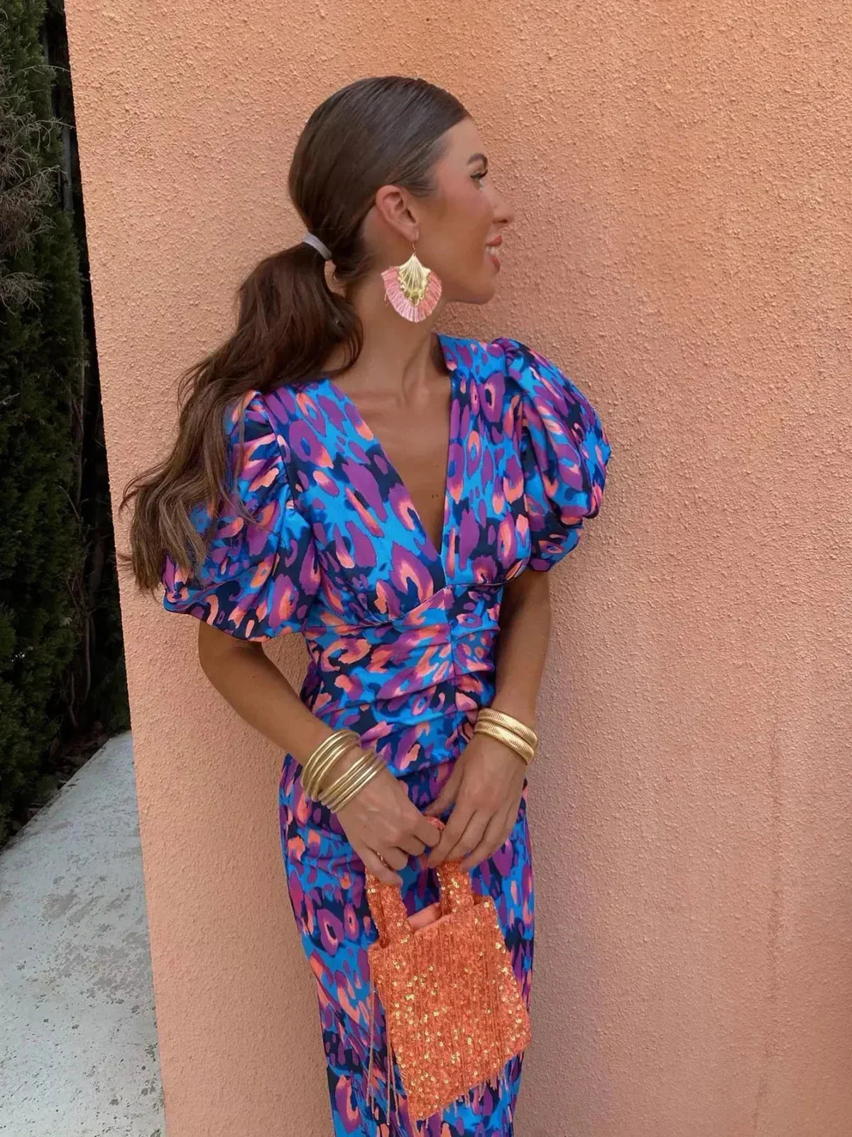 Arielle™ | Colorful Midi Dress with Pleated Sleeves