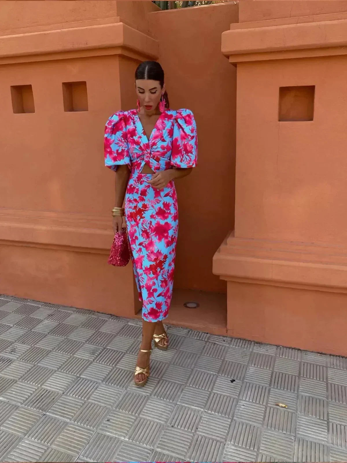 Arielle™ | Colorful Midi Dress with Pleated Sleeves